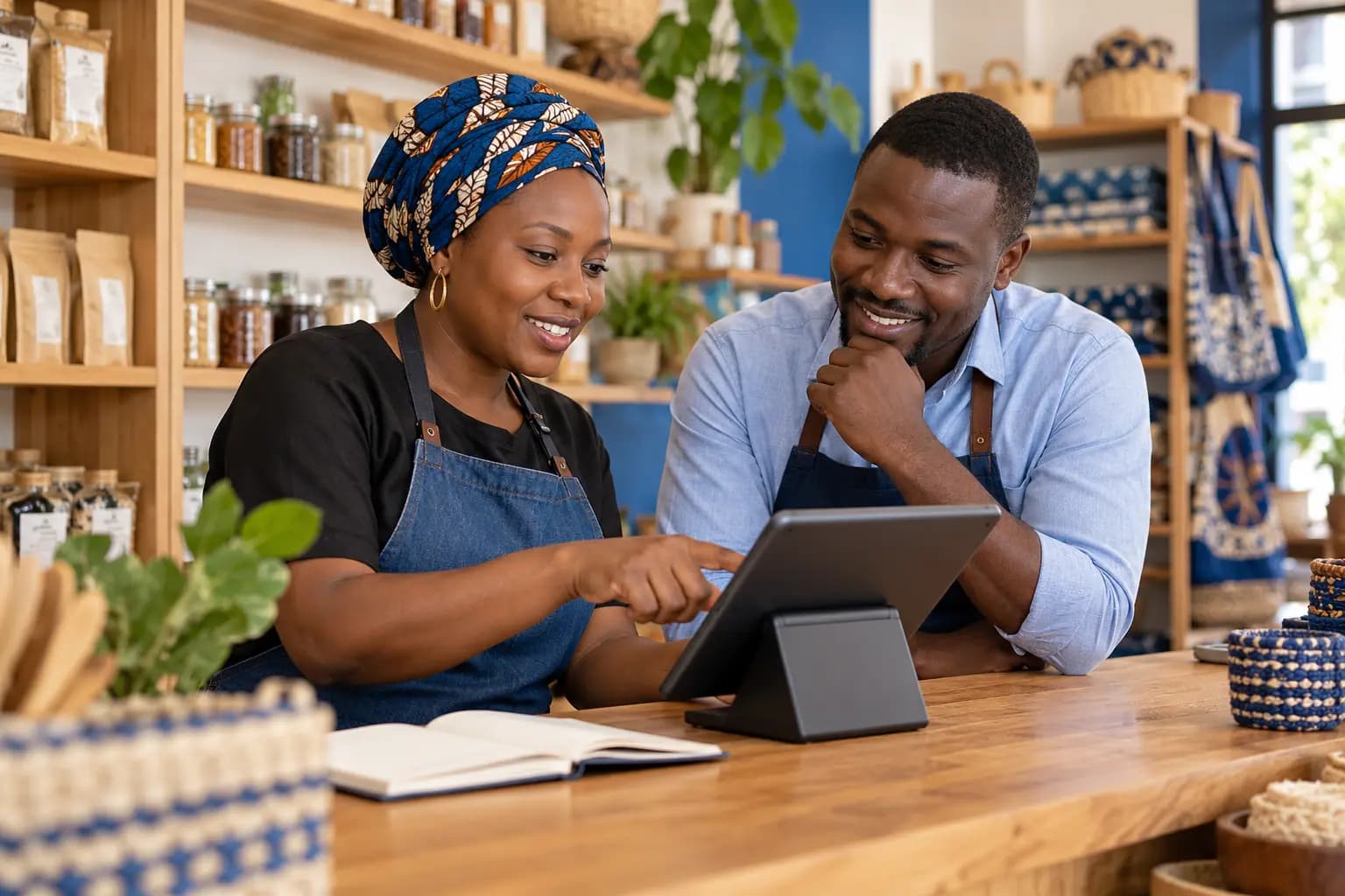 Tanzanian business owners reviewing point-of-sale software