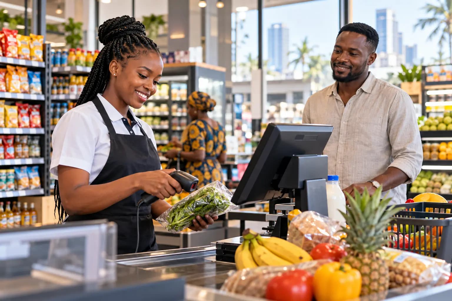 Tanzanian retail shop owner scanning groceries at checkout